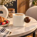 Fluted Ceramic Coffee Cup with Round Wooden Ball Handle and Straight-Walled Ribbed Design for Coffee and Tea - Image 5