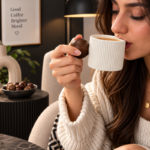 Fluted Ceramic Coffee Cup with Round Wooden Ball Handle and Straight-Walled Ribbed Design for Coffee and Tea - Image 6