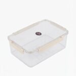 Food storage container with locking lid, clear rectangular plastic box with clear lid and four beige snap latches