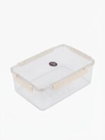 Food storage container with locking lid, clear rectangular plastic box with clear lid and four beige snap latches