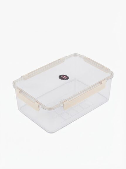 Food storage container with locking lid, clear rectangular plastic box with clear lid and four beige snap latches