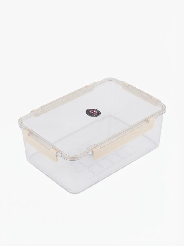 Food storage container with locking lid, clear rectangular plastic box with clear lid and four beige snap latches