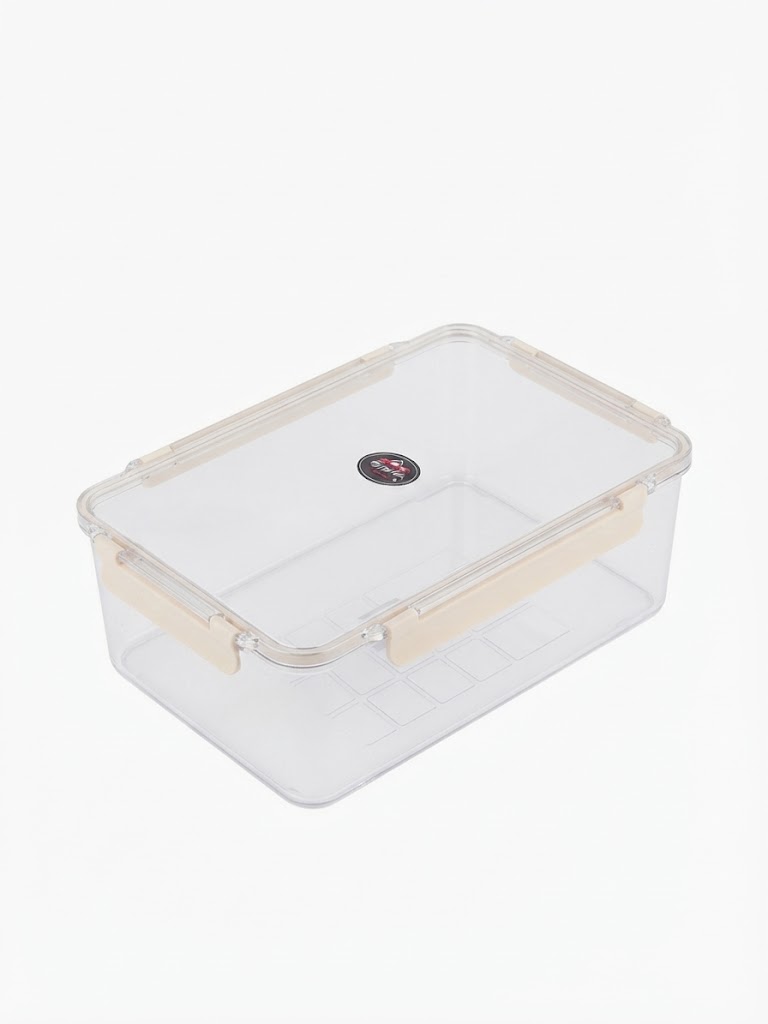 Food Storage Container with Locking Lid - Amazing Clear Rectangular Plastic Box with 4 Snap Latches Perfect for Fridge and Pantry - Large (1) Food storage container with locking lid, clear rectangular plastic box with clear lid and four beige snap latches