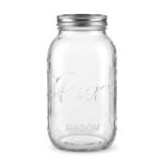 Glass mason jar with lid in 950ml and 1900ml sizes with embossed Pur and MASON lettering, side measurement markings and silver-tone screw lid