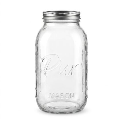 Glass mason jar with lid in 950ml and 1900ml sizes with embossed Pur and MASON lettering, side measurement markings and silver-tone screw lid