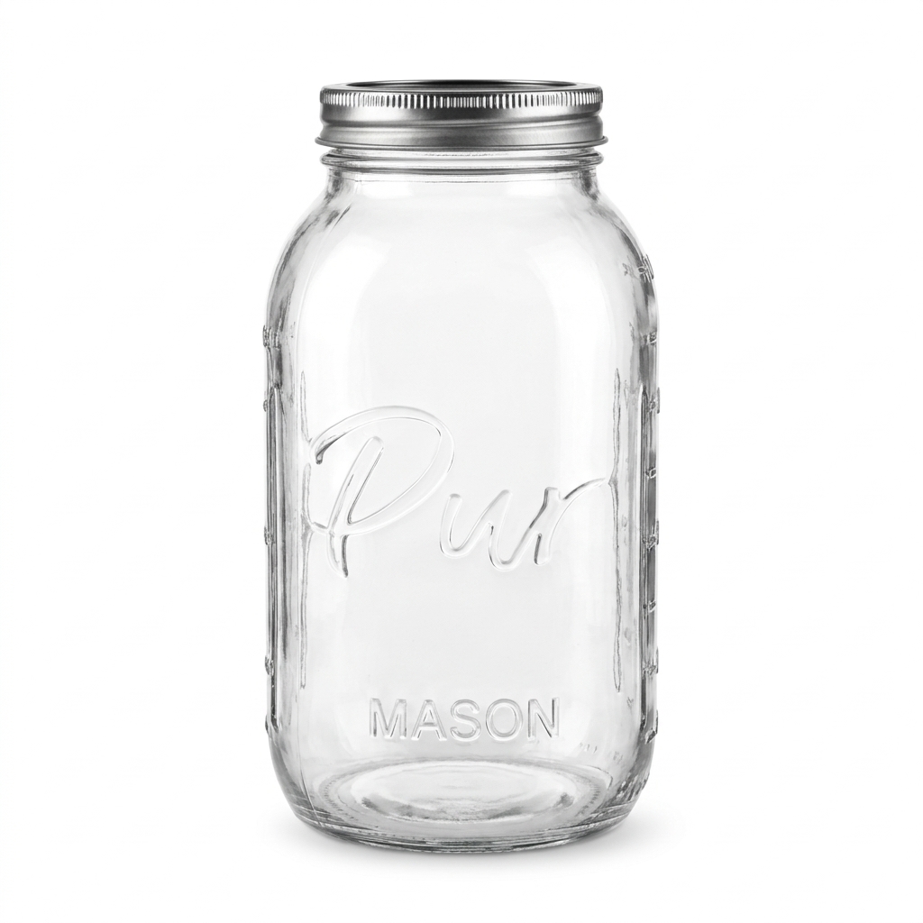 Glass mason jar with lid in 950ml and 1900ml sizes with embossed Pur and MASON lettering, side measurement markings and silver-tone screw lid