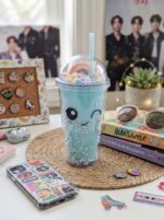 Kawaii Tumbler with Straw - Amazing Cute Face Double Wall Cup with Rainbow Dome Lid and Pastel Beads Perfect for Cold Drinks - Image 5