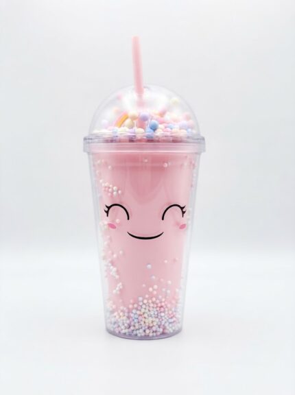 Kawaii tumbler with straw in pink, purple and blue cute face designs with pastel bead filled double wall and rainbow dome lid