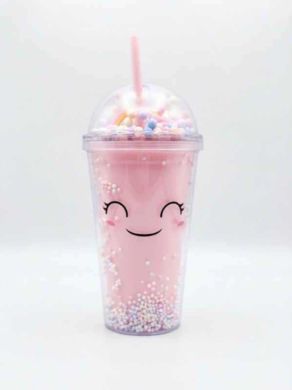 Kawaii tumbler with straw in pink, purple and blue cute face designs with pastel bead filled double wall and rainbow dome lid