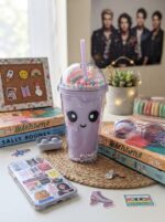 Kawaii Tumbler with Straw - Amazing Cute Face Double Wall Cup with Rainbow Dome Lid and Pastel Beads Perfect for Cold Drinks - Image 3