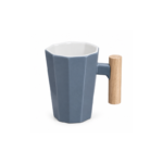 Matte Grey Ceramic Coffee Mug with Wide Faceted Panels and Wooden Handle for Coffee and Tea