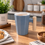 Matte Grey Ceramic Coffee Mug with Wide Faceted Panels and Wooden Handle for Coffee and Tea - Image 2