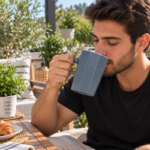Matte Grey Ceramic Coffee Mug with Wide Faceted Panels and Wooden Handle for Coffee and Tea - Image 3