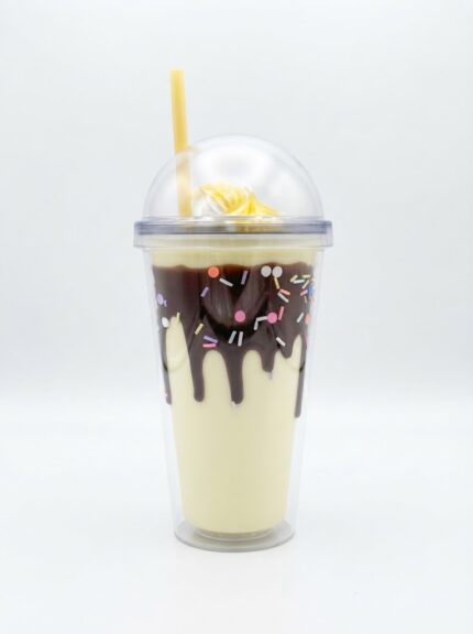 Milkshake style double wall plastic tumbler with straw, 3D chocolate drip, colorful sprinkles and faux whipped cream under a clear dome lid
