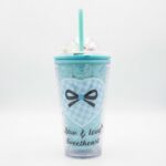 Pastel bow print double wall plastic tumbler with straw, pearl bead dome lid and 3D flower charm in light blue and mint