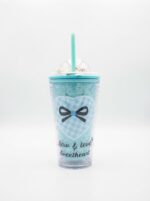 Pastel bow print double wall plastic tumbler with straw, pearl bead dome lid and 3D flower charm in light blue and mint