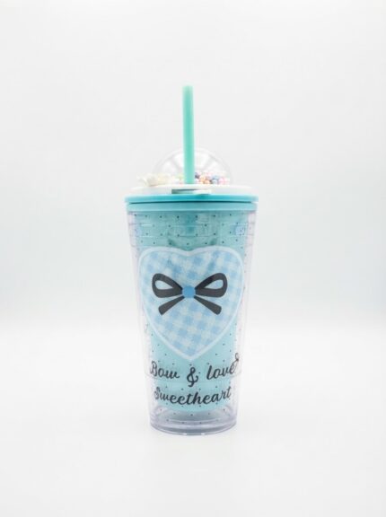 Pastel bow print double wall plastic tumbler with straw, pearl bead dome lid and 3D flower charm in light blue and mint