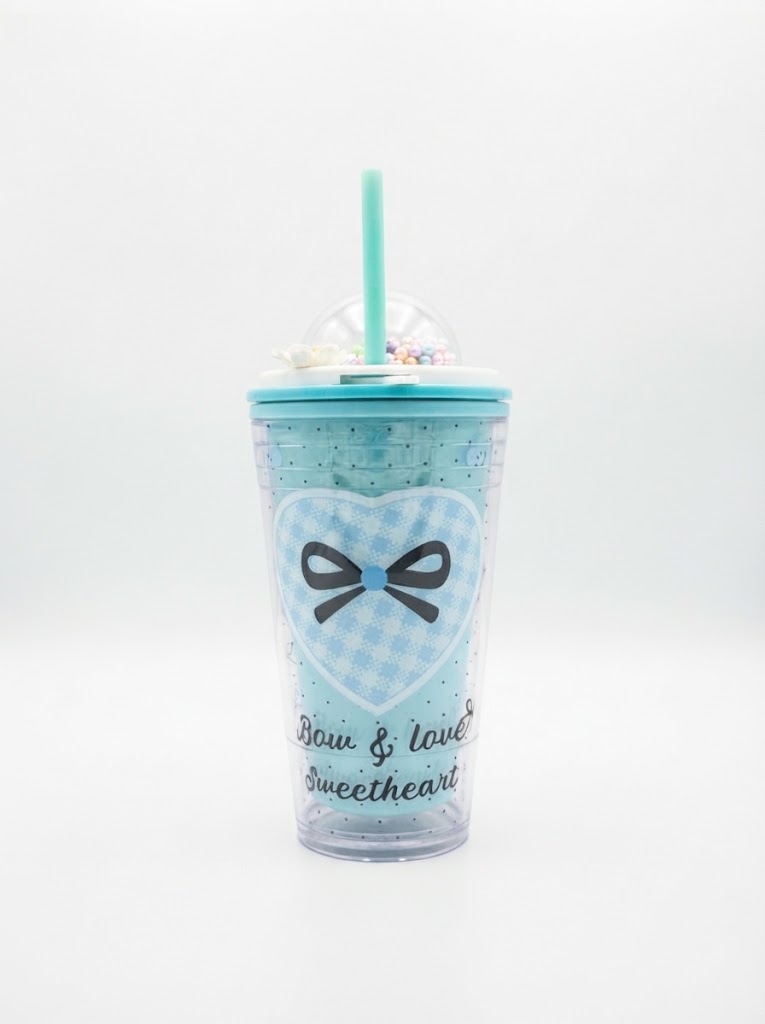 Pastel Bow Print Double Wall Plastic Tumbler with Straw and Pearl Bead Dome Lid with 3D Flower Charm for Cold Drinks - Bow & Love (1) Pastel bow print double wall plastic tumbler with straw, pearl bead dome lid and 3D flower charm in light blue and mint