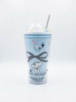 Pastel Bow Print Double Wall Plastic Tumbler with Straw and Pearl Bead Dome Lid with 3D Flower Charm for Cold Drinks - Image 7