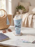 Pastel Bow Print Double Wall Plastic Tumbler with Straw and Pearl Bead Dome Lid with 3D Flower Charm for Cold Drinks - Image 5