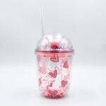 Rounded Double Wall Plastic Tumbler with Straw and Bead-Filled Walls and Star Confetti Dome Lid with Pink Heart Valentine Print