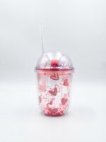 Rounded Double Wall Plastic Tumbler with Straw and Bead-Filled Walls and Star Confetti Dome Lid with Pink Heart Valentine Print