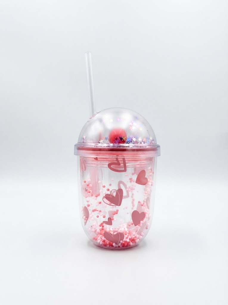 Rounded Double Wall Plastic Tumbler with Straw and Bead-Filled Walls and Star Confetti Dome Lid with Pink Heart Valentine Print - Best Love (1) Rounded Double Wall Plastic Tumbler with Straw and Bead-Filled Walls and Star Confetti Dome Lid with Pink Heart Valentine Print - Image 1