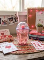 Rounded Double Wall Plastic Tumbler with Straw and Bead-Filled Walls and Star Confetti Dome Lid with Pink Heart Valentine Print - Image 8