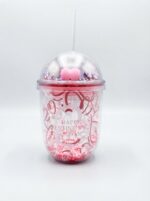 Rounded Double Wall Plastic Tumbler with Straw and Bead-Filled Walls and Star Confetti Dome Lid with Pink Heart Valentine Print - Image 6