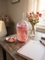 Rounded Double Wall Plastic Tumbler with Straw and Bead-Filled Walls and Star Confetti Dome Lid with Pink Heart Valentine Print - Image 7
