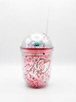 Rounded Double Wall Plastic Tumbler with Straw and Bead-Filled Walls and Star Confetti Dome Lid with Pink Heart Valentine Print - Image 5