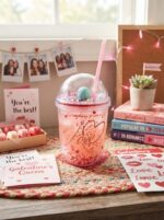 Rounded Double Wall Plastic Tumbler with Straw and Bead-Filled Walls and Star Confetti Dome Lid with Pink Heart Valentine Print - Image 4