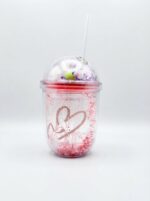 Rounded Double Wall Plastic Tumbler with Straw and Bead-Filled Walls and Star Confetti Dome Lid with Pink Heart Valentine Print - Image 3