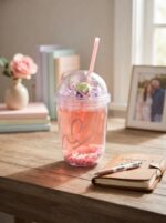 Rounded Double Wall Plastic Tumbler with Straw and Bead-Filled Walls and Star Confetti Dome Lid with Pink Heart Valentine Print - Image 2