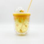Rounded Double Wall Plastic Tumbler with Straw and Clear Dome Lid with 3D Fruit Charms and Drip Fruit Print for Cold Drinks