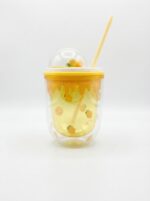 Rounded Double Wall Plastic Tumbler with Straw and Clear Dome Lid with 3D Fruit Charms and Drip Fruit Print for Cold Drinks