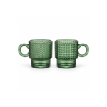 Set of 2 300ml Green Glass Coffee Mugs with Diagonal Ribbed and Diamond Textured Designs and Round Loop Handles
