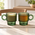 Set of 2 300ml Green Glass Coffee Mugs with Diagonal Ribbed and Diamond Textured Designs and Round Loop Handles - Image 2