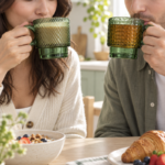 Set of 2 300ml Green Glass Coffee Mugs with Diagonal Ribbed and Diamond Textured Designs and Round Loop Handles - Image 3