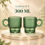 Set of 2 300ml Green Glass Coffee Mugs with Diagonal Ribbed and Diamond Textured Designs and Round Loop Handles - Image 4