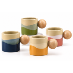 Set of 4 Wavy Color Block Ceramic Coffee Cups with Natural Wooden Ball Handles in Navy Olive Coral and Mustard Glossy Glaze