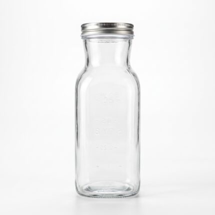Square glass bottle with lid in 500ml and 1000ml sizes with clear glass body, pinched neck and silver-tone screw cap