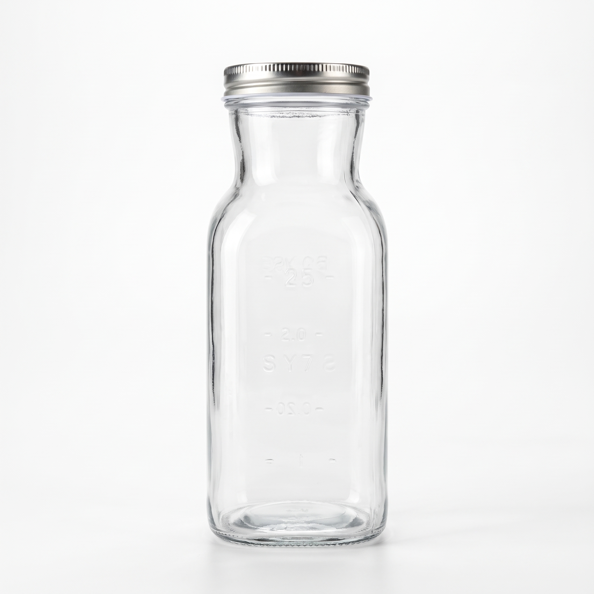 Square glass bottle with lid in 500ml and 1000ml sizes with clear glass body, pinched neck and silver-tone screw cap