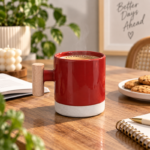Two Tone Ceramic Coffee Mug with Wooden Handle and Unglazed Stone Base for Coffee and Tea - Image 2