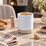 Two Tone Ceramic Coffee Mug with Wooden Handle and Unglazed Stone Base for Coffee and Tea - Image 11