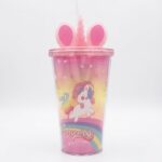 Unicorn Kids Plastic Tumbler with Straw and 3D Spiral Horn and Ears Lid with Rainbow Gradient Unicorn Print for Cold Drinks
