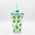 Vegetable curly straw cup in broccoli, carrot and eggplant designs with spiral straw, 3D veggie straw topper and colored lid