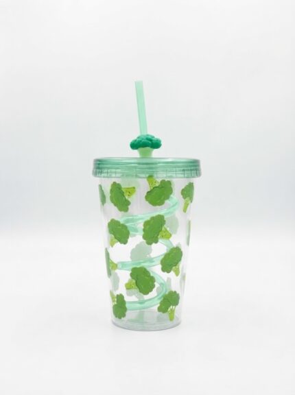 Vegetable curly straw cup in broccoli, carrot and eggplant designs with spiral straw, 3D veggie straw topper and colored lid