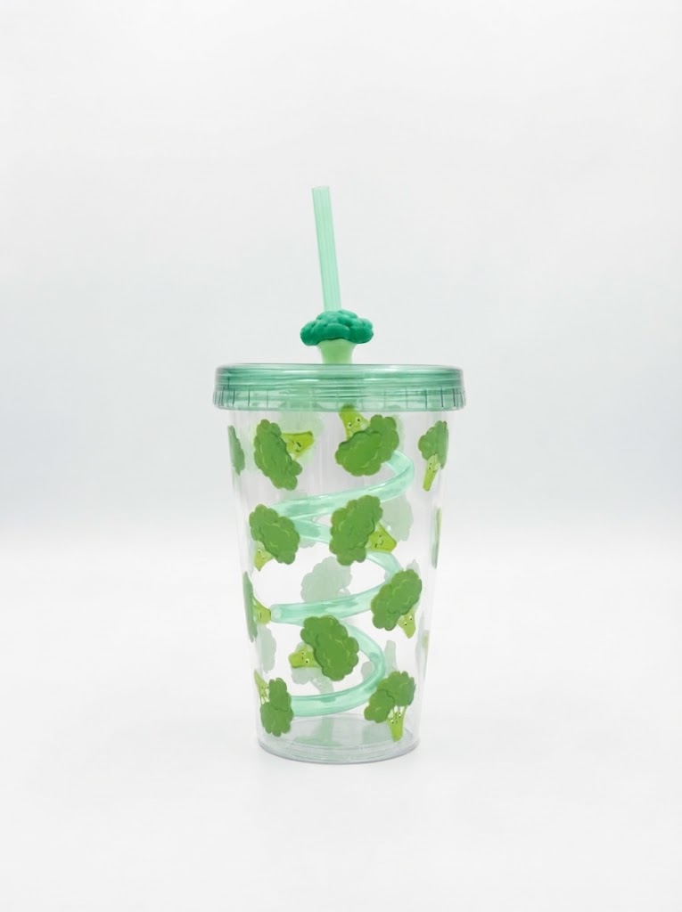 Vegetable curly straw cup in broccoli, carrot and eggplant designs with spiral straw, 3D veggie straw topper and colored lid